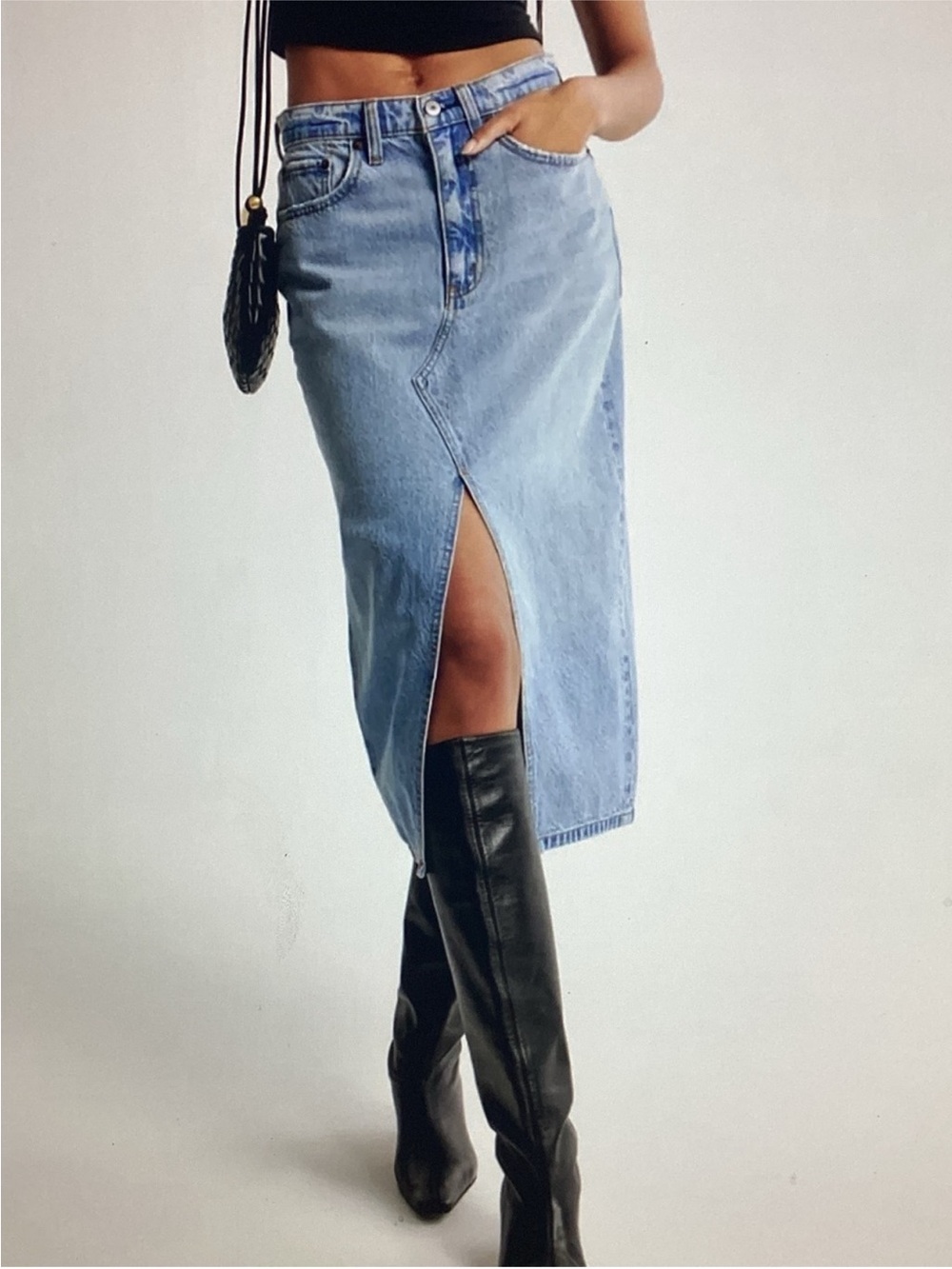 ABERCROMBIE & FITCH High Rise Denim Midi Skirt Light Wash Front Slit Size 26/2